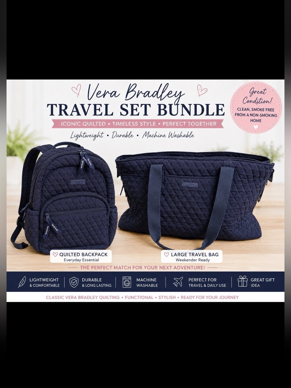 Two Vera Bradley items | Navy Quilted Travel Backpack & Tote Set